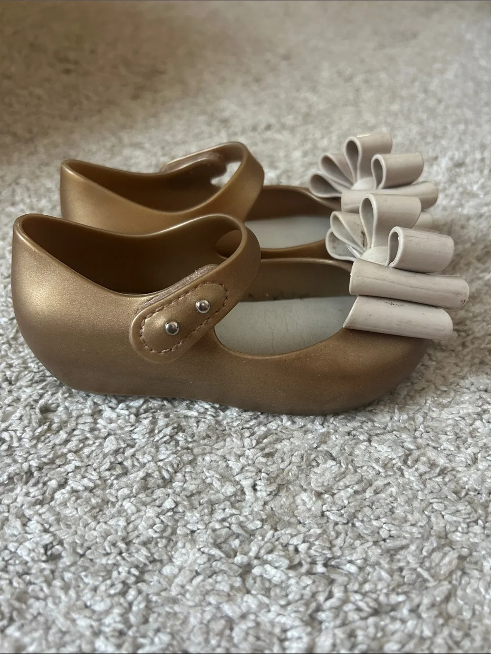 Mini Melissa Metallic Gold Mary Jane Shoes with Cream Bows